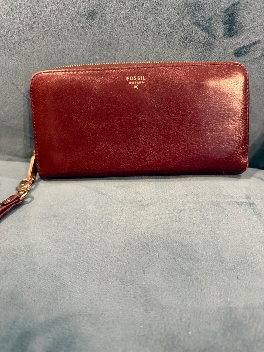 Fossil Leather Zip Wallet in Dark Chocolate with Gold Accents and Teal Interior